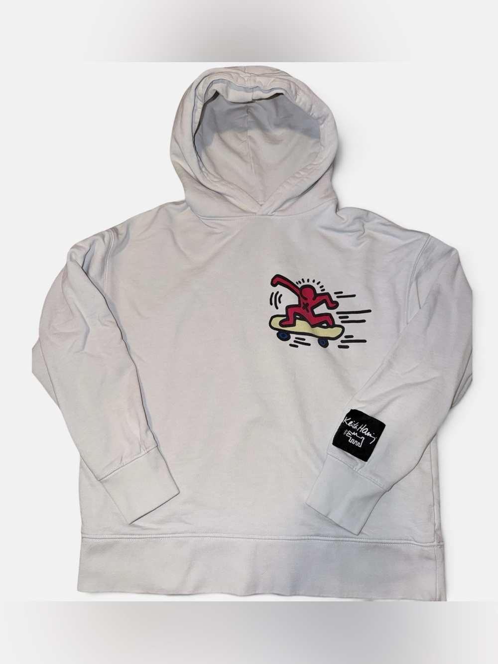 Zara Keith Haring White Hoodie with Red Skate Graphic